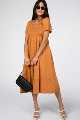 Rust Smocked Flounce Sleeve Midi Dress