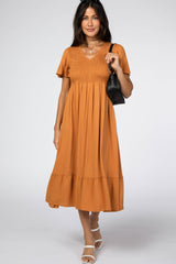 Rust Smocked Flounce Sleeve Midi Dress