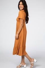 Rust Smocked Flounce Sleeve Midi Dress