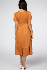 Rust Smocked Flounce Sleeve Midi Dress