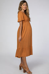 Rust Smocked Flounce Sleeve Maternity Midi Dress