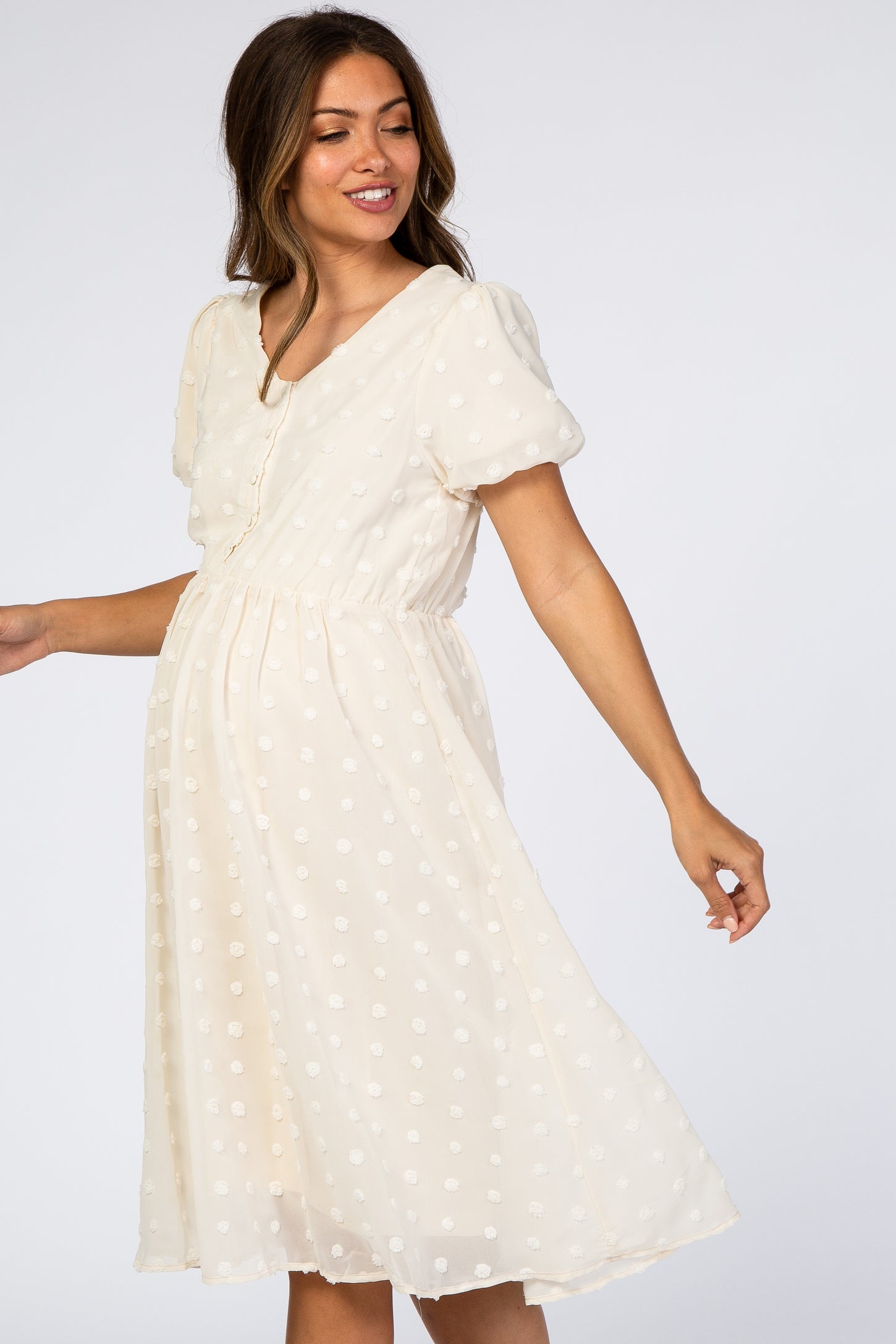 Cream Swiss Dot Midi Maternity Dress