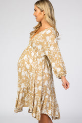 Taupe Floral Silhouette Print Maternity Dress