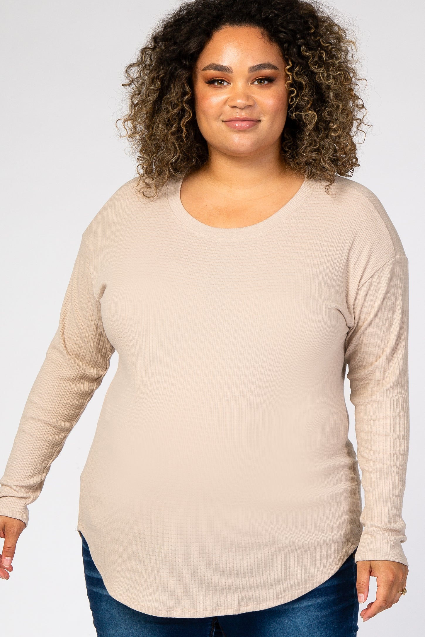 Taupe Grey Long Sleeve Ribbed Maternity Plus Top