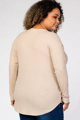 Taupe Grey Long Sleeve Ribbed Maternity Plus Top