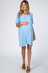 Light Blue Short Ruffle Sleeve Maternity Dress