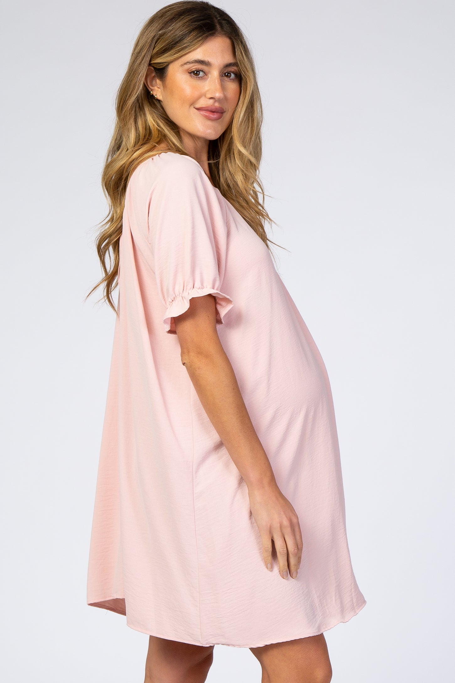 Pink Short Ruffle Sleeve Maternity Dress