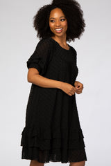 Black Chiffon Swiss Dot Ruffle Hem Midi Dress