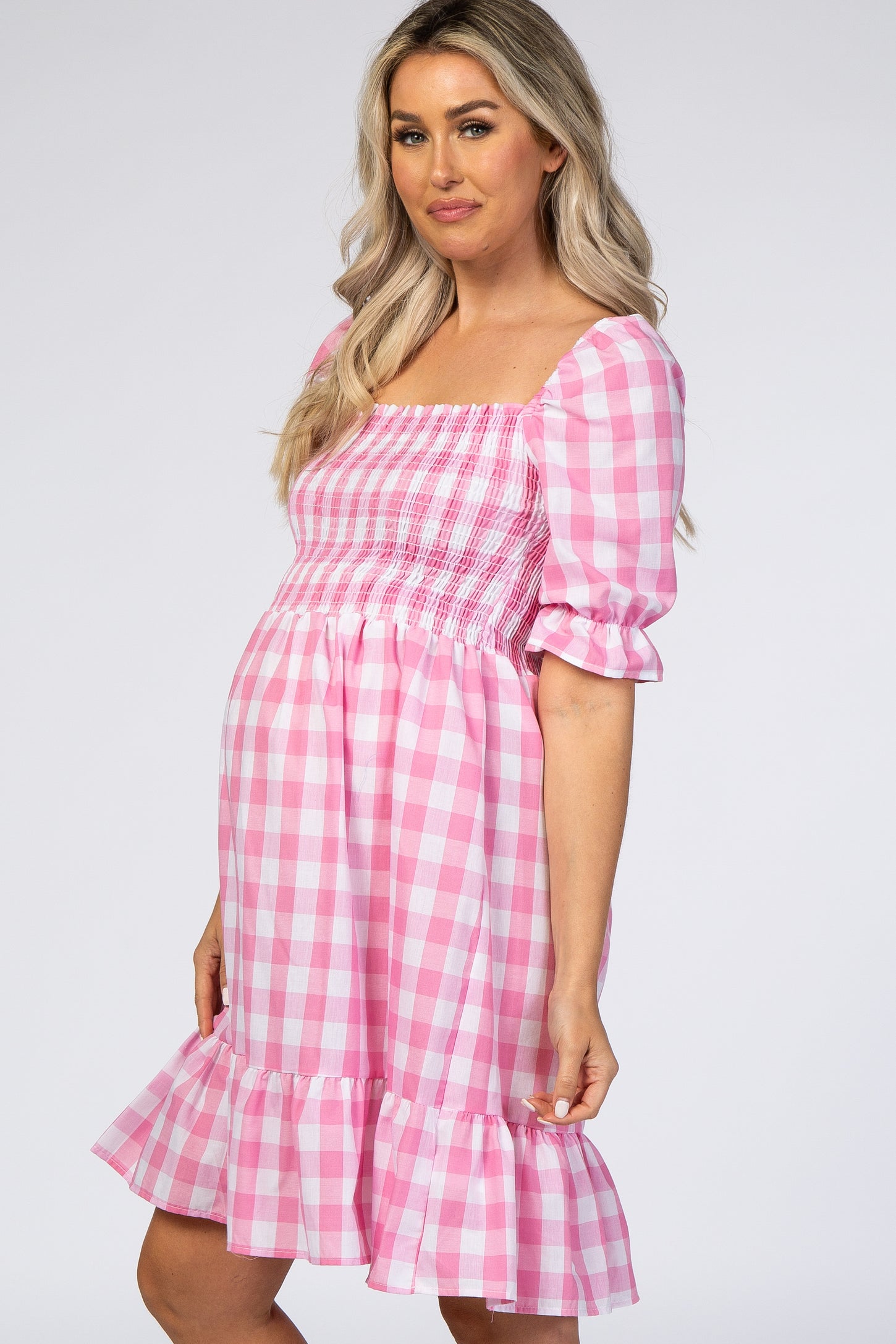 Pink Gingham Print Puff Sleeve Maternity Dress