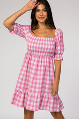 Pink Gingham Print Puff Sleeve Dress