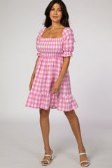 Pink Gingham Print Puff Sleeve Dress