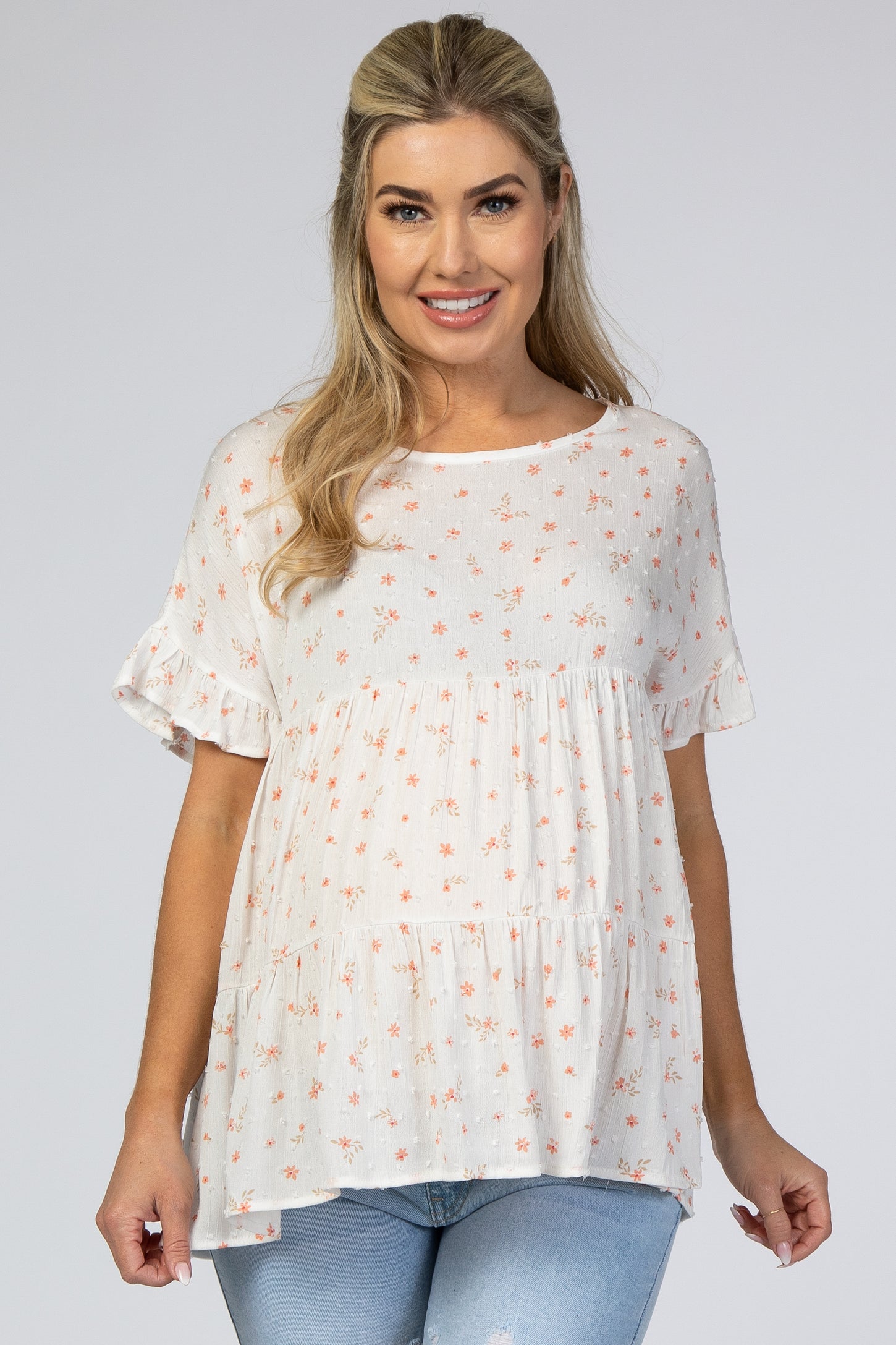 Ivory Floral Swiss Dot Tiered Maternity Top