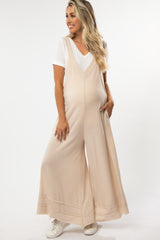 Beige Terry Wide Leg Maternity Jumpsuit