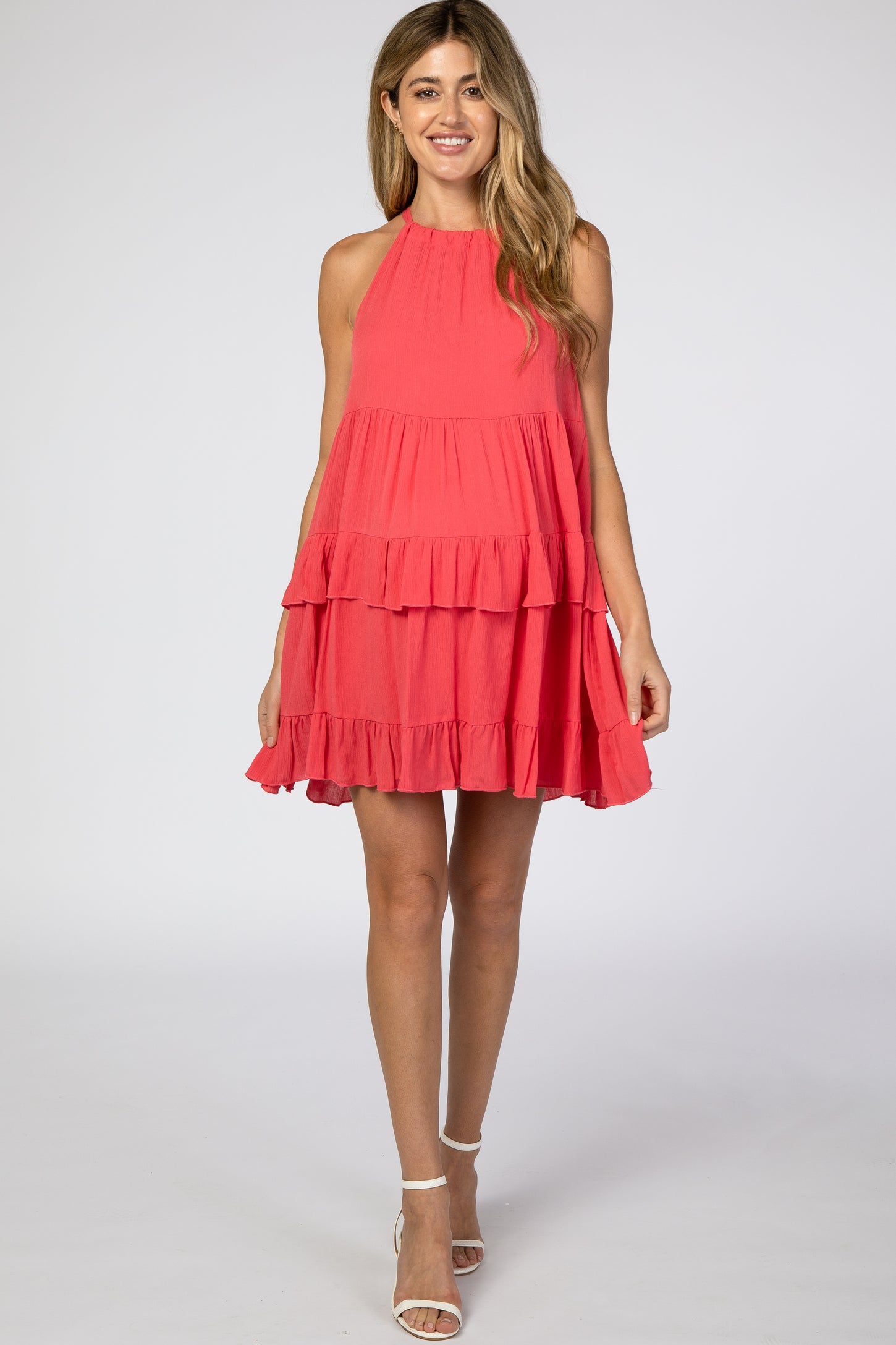 Coral Halter Neck Tie Tiered Maternity Dress