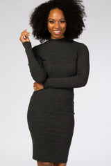 Charcoal Ribbed Mock Neck Fitted Dress
