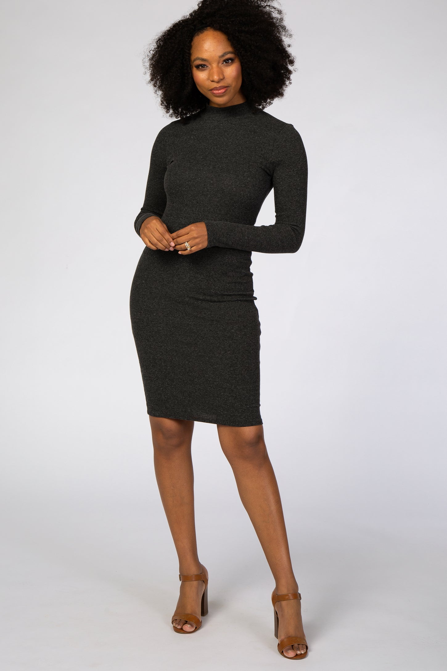 Charcoal Ribbed Mock Neck Fitted Maternity Dress