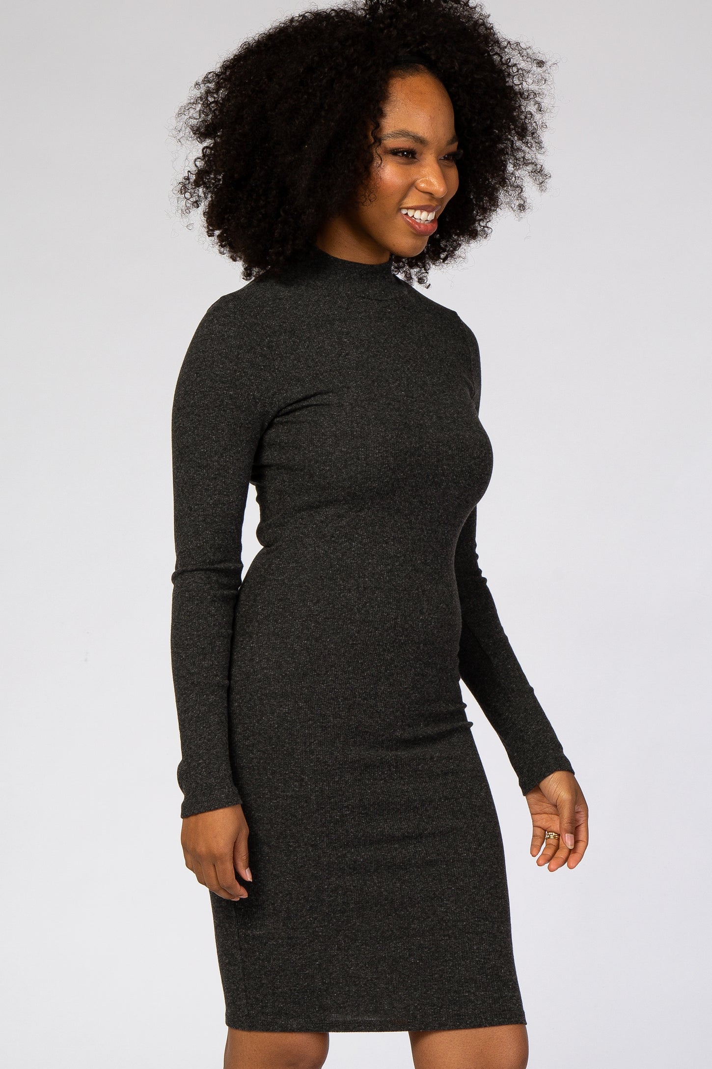 Charcoal Ribbed Mock Neck Fitted Dress