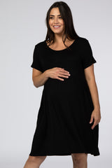 Black Short Sleeve Babydoll Maternity Dress