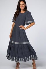 Navy Textured Embroidered Maxi Dress