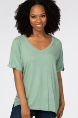 Mint Green Ribbed V-Neck Hi-Low Top