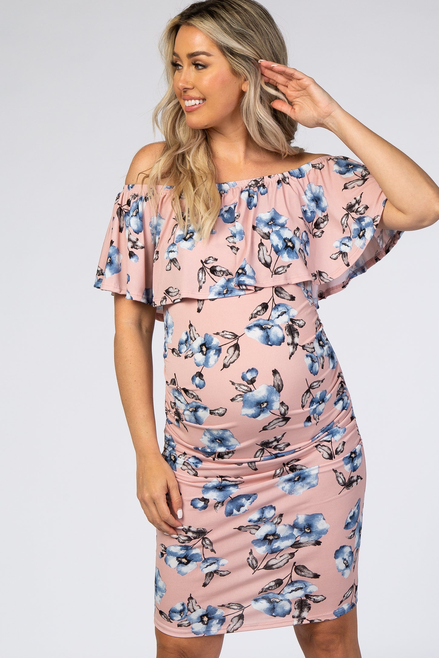 Pink Floral Ruffle Off Shoulder Fitted Maternity Dress