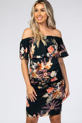 Dark Teal Floral Ruffle Off Shoulder Fitted Maternity Dress