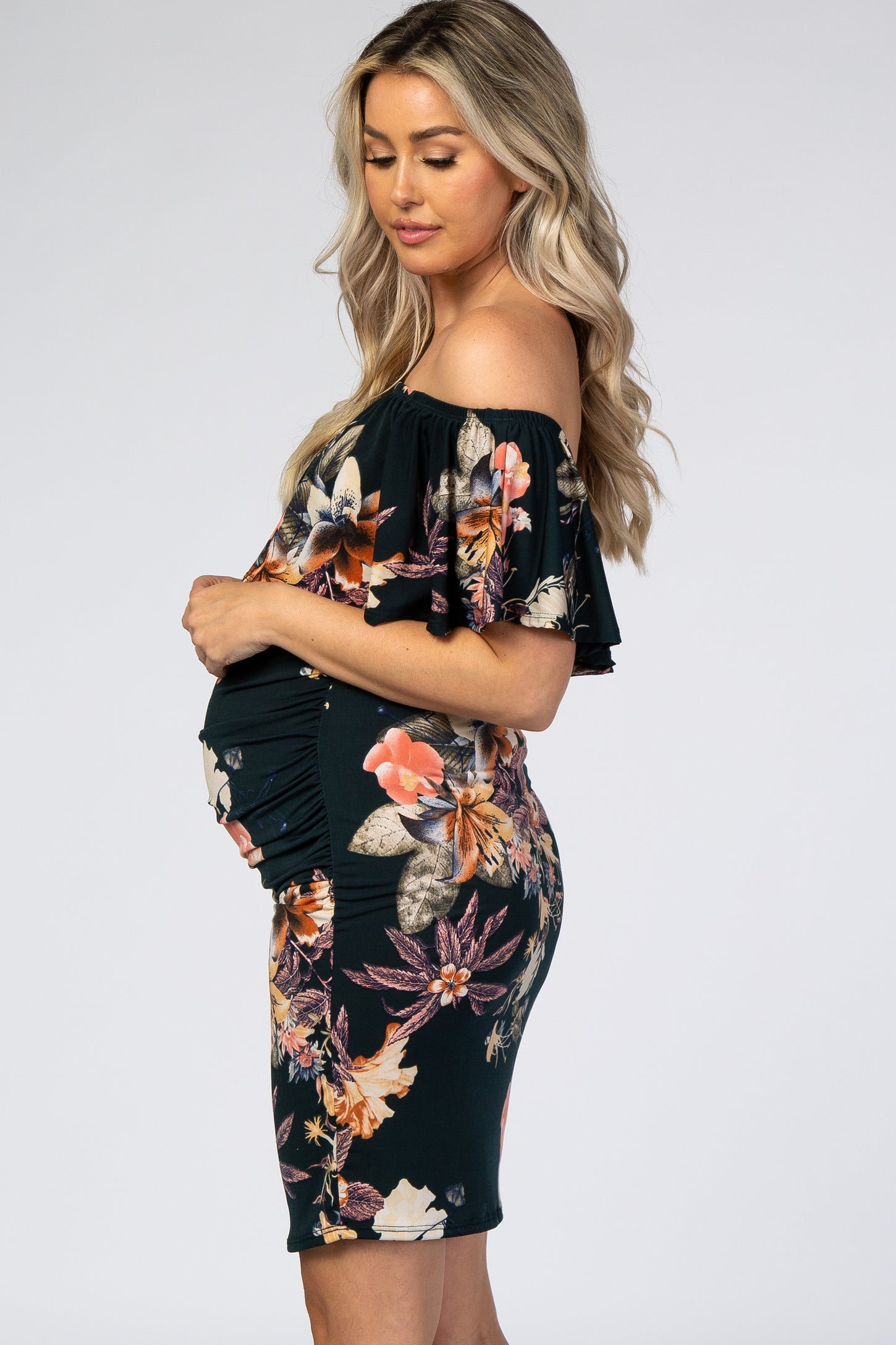 Dark Teal Floral Ruffle Off Shoulder Fitted Maternity Dress