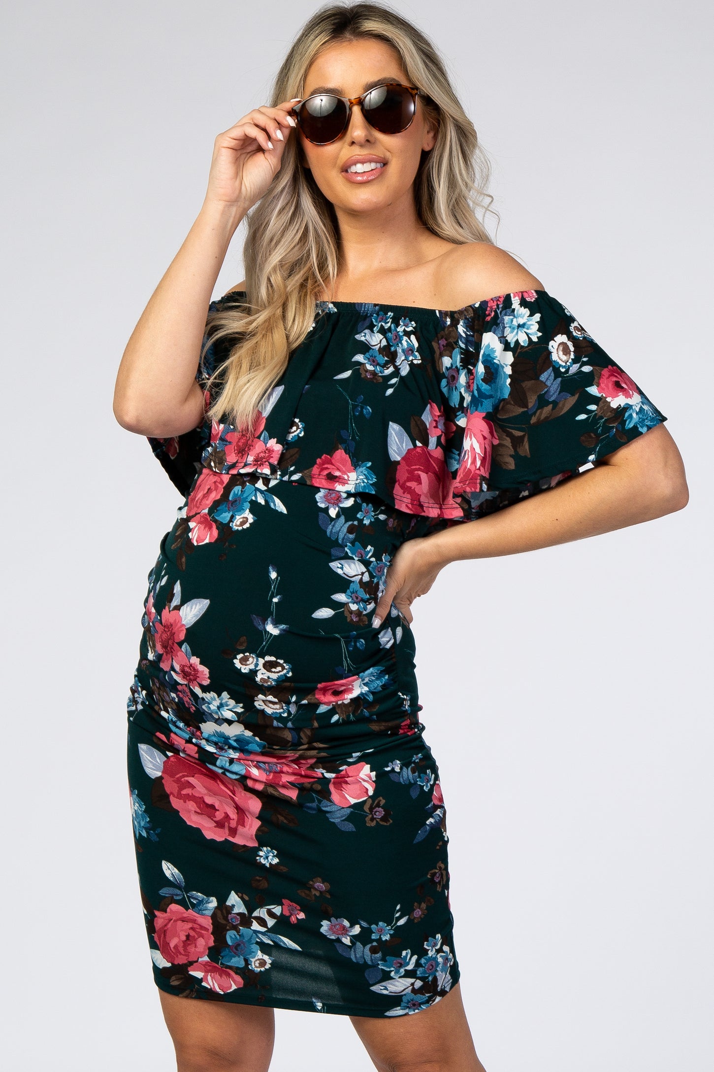 Teal Floral Ruffle Off Shoulder Fitted Maternity Dress