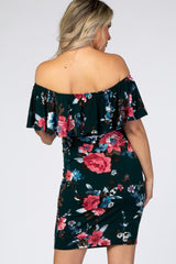 Teal Floral Ruffle Off Shoulder Fitted Maternity Dress