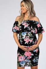 Black Floral Ruffle Off Shoulder Fitted Maternity Dress