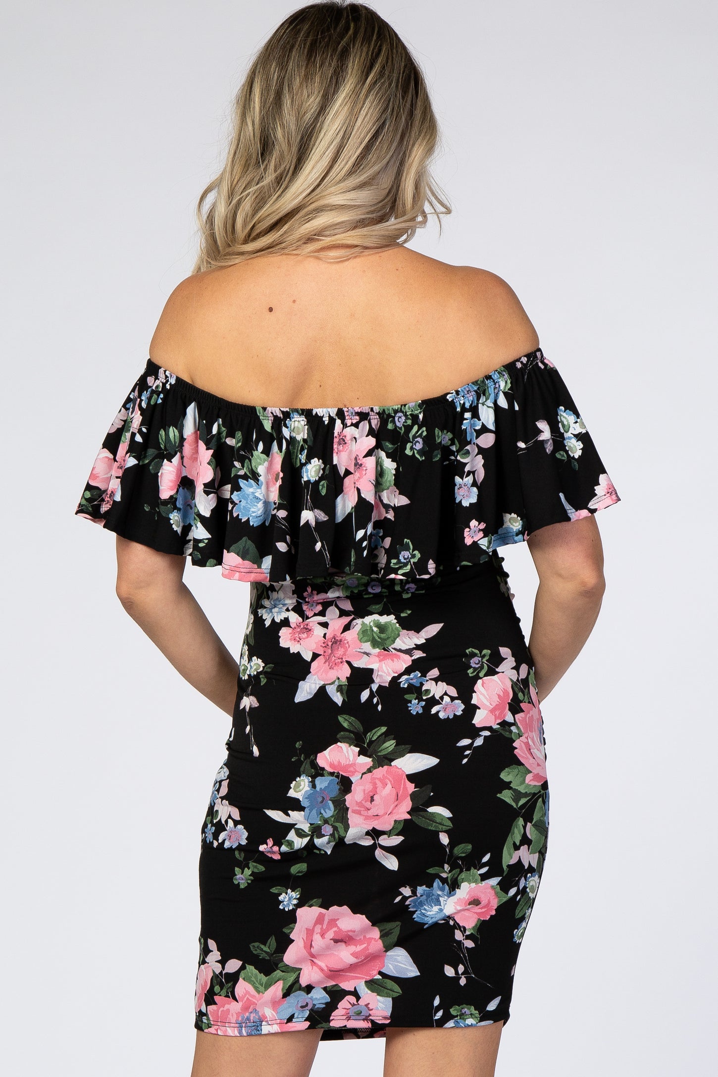 Black Floral Ruffle Off Shoulder Fitted Maternity Dress
