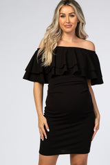 Black Double Layer Ruffle Off Shoulder Maternity Dress