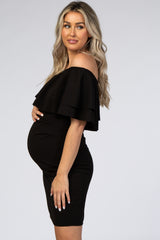 Black Double Layer Ruffle Off Shoulder Maternity Dress
