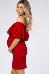 Red Double Layer Ruffle Off Shoulder Maternity Dress