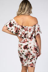 Ivory Floral Ruffle Off Shoulder Fitted Maternity Dress