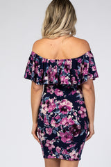 Navy Floral Ruffle Off Shoulder Fitted Maternity Dress