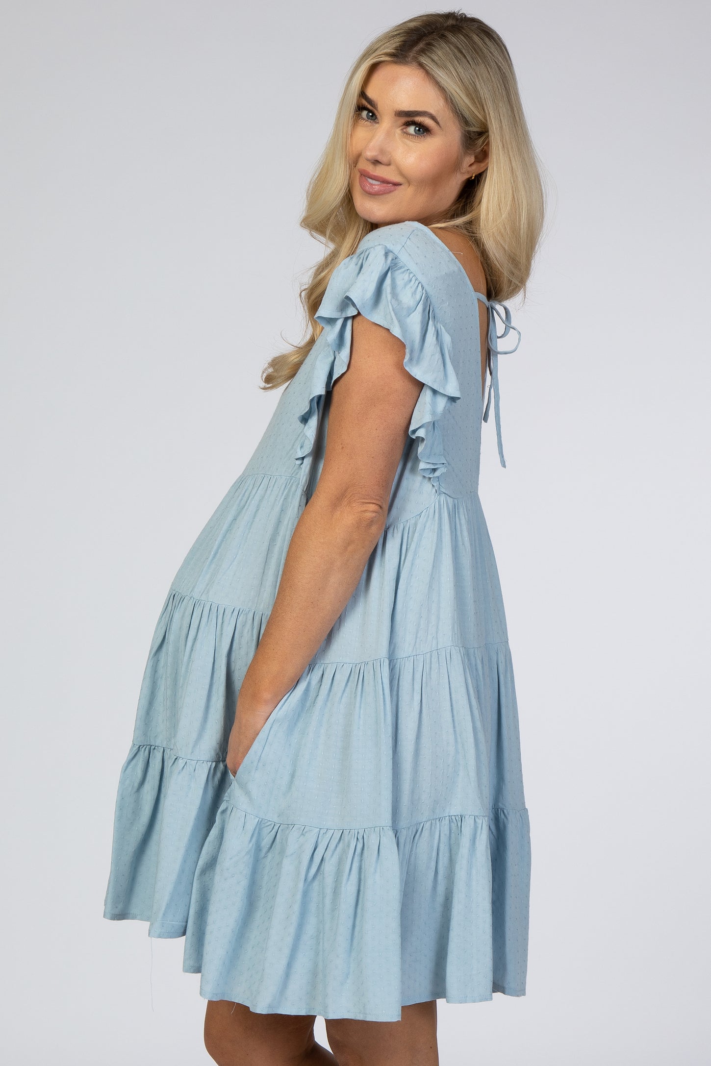 Light Blue Swiss Dot Tiered Babydoll Maternity Dress