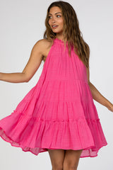 Fuchsia Halter Neck Tiered Maternity Dress