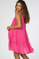 Fuchsia Halter Neck Tiered Maternity Dress