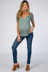 Sage Lace Sleeve V Neck Maternity Top