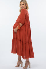 Rust Ruffle Tier Tassel Trim Maternity Midi Dress