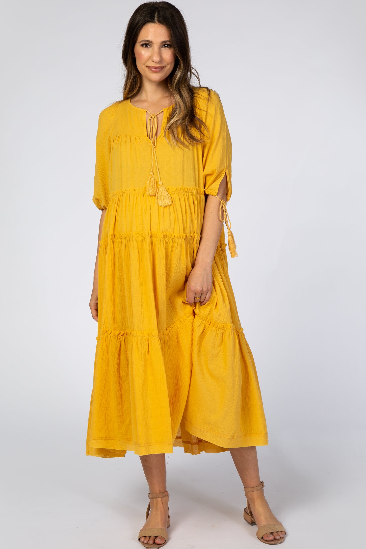 Yellow Ruffle Tier Tassel Trim Maternity Midi Dress