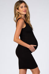 Black Sleeveless Ribbed Fitted Maternity Dress