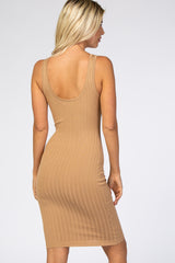 Beige Sleeveless Ribbed Fitted Dress