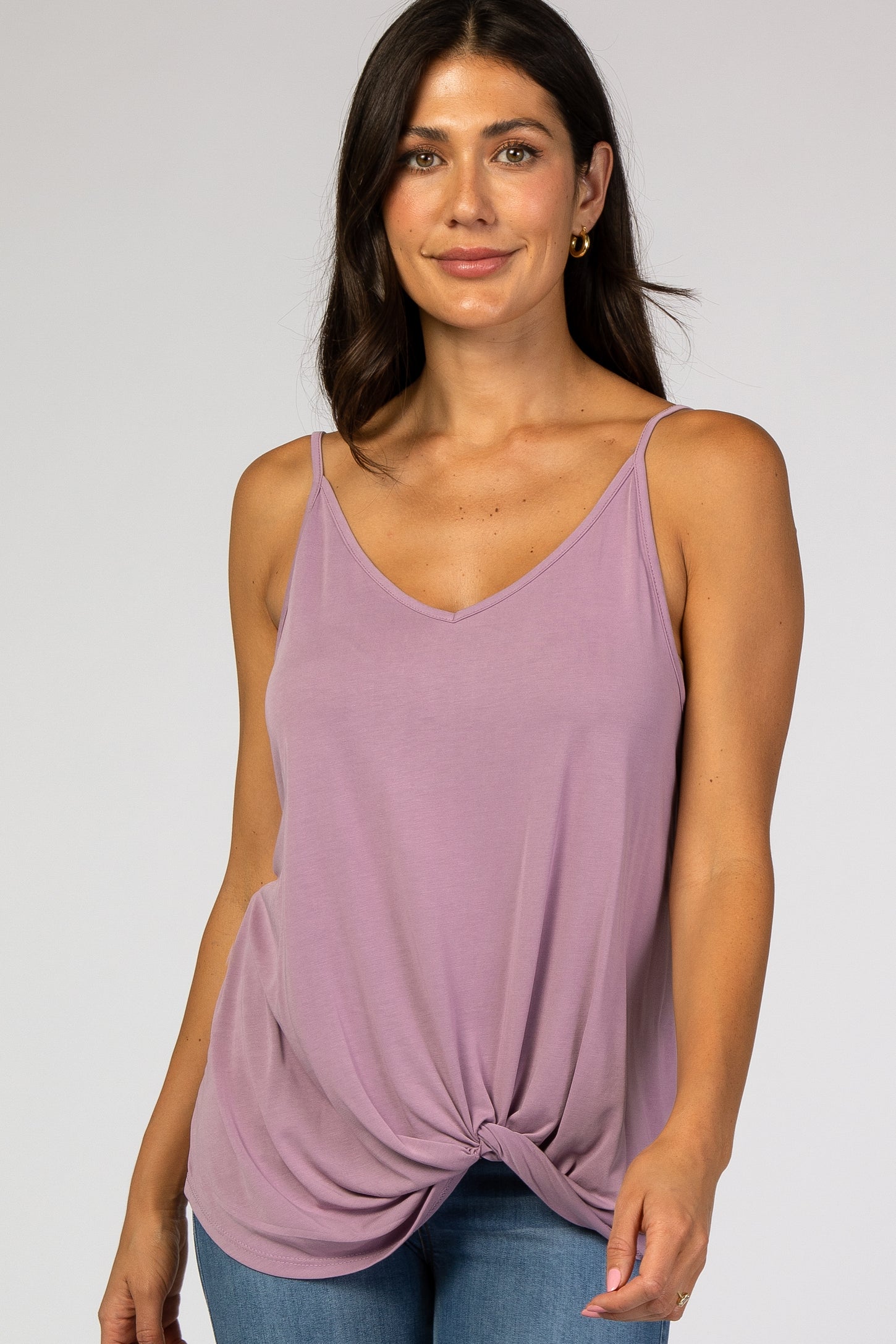 Lavender Solid Knot Front Cami Strap Maternity Top