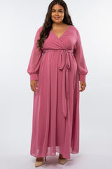 Salmon Chiffon Long Sleeve Pleated Plus Maternity Maxi Dress