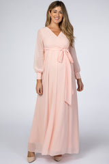 Peach Chiffon Long Sleeve Pleated Maternity Maxi Dress