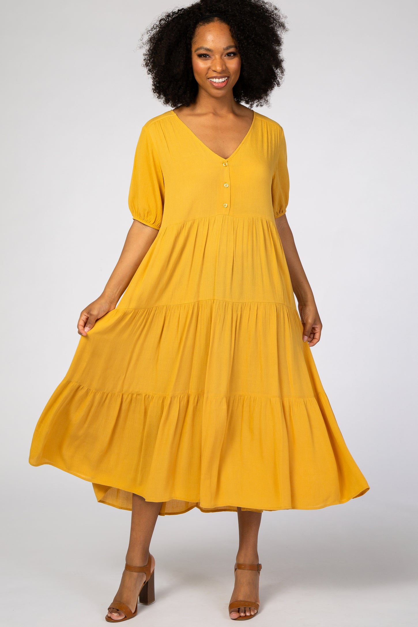 Mustard Tiered Short Sleeve Maternity Midi Dress