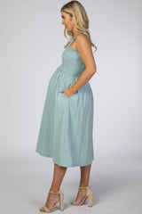 Emerald Green Gingham Print Smocked Front Maternity Midi Dress