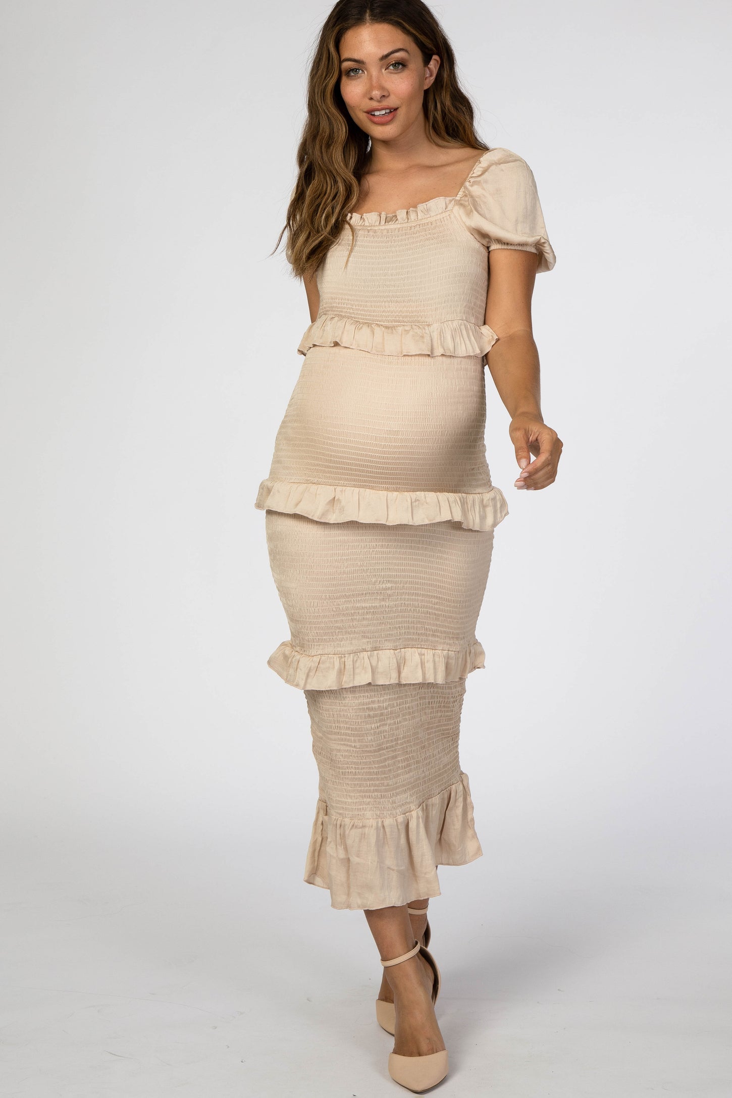 Beige Fitted Smocked Ruffle Accent Maternity Midi Dress